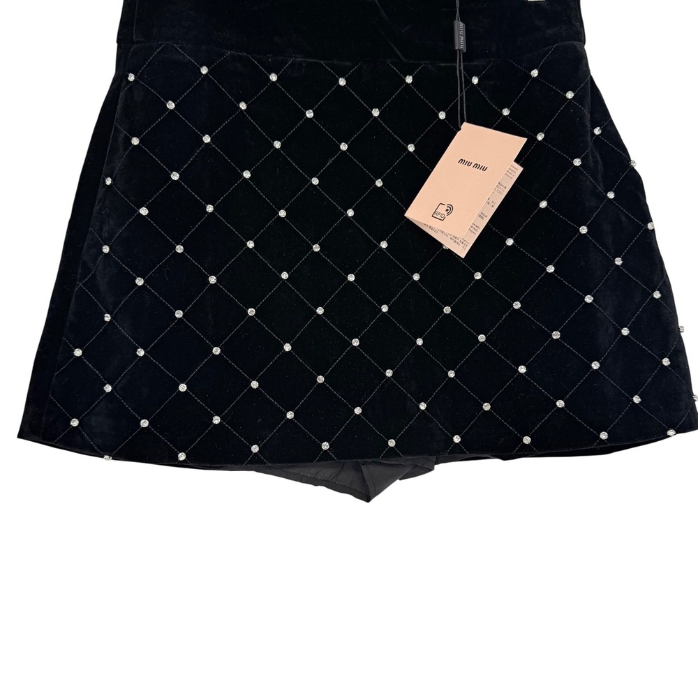 Miu Miu Black Velvet Rhinestone NWT Quilted Mini Skirt Skort Made in Italy M